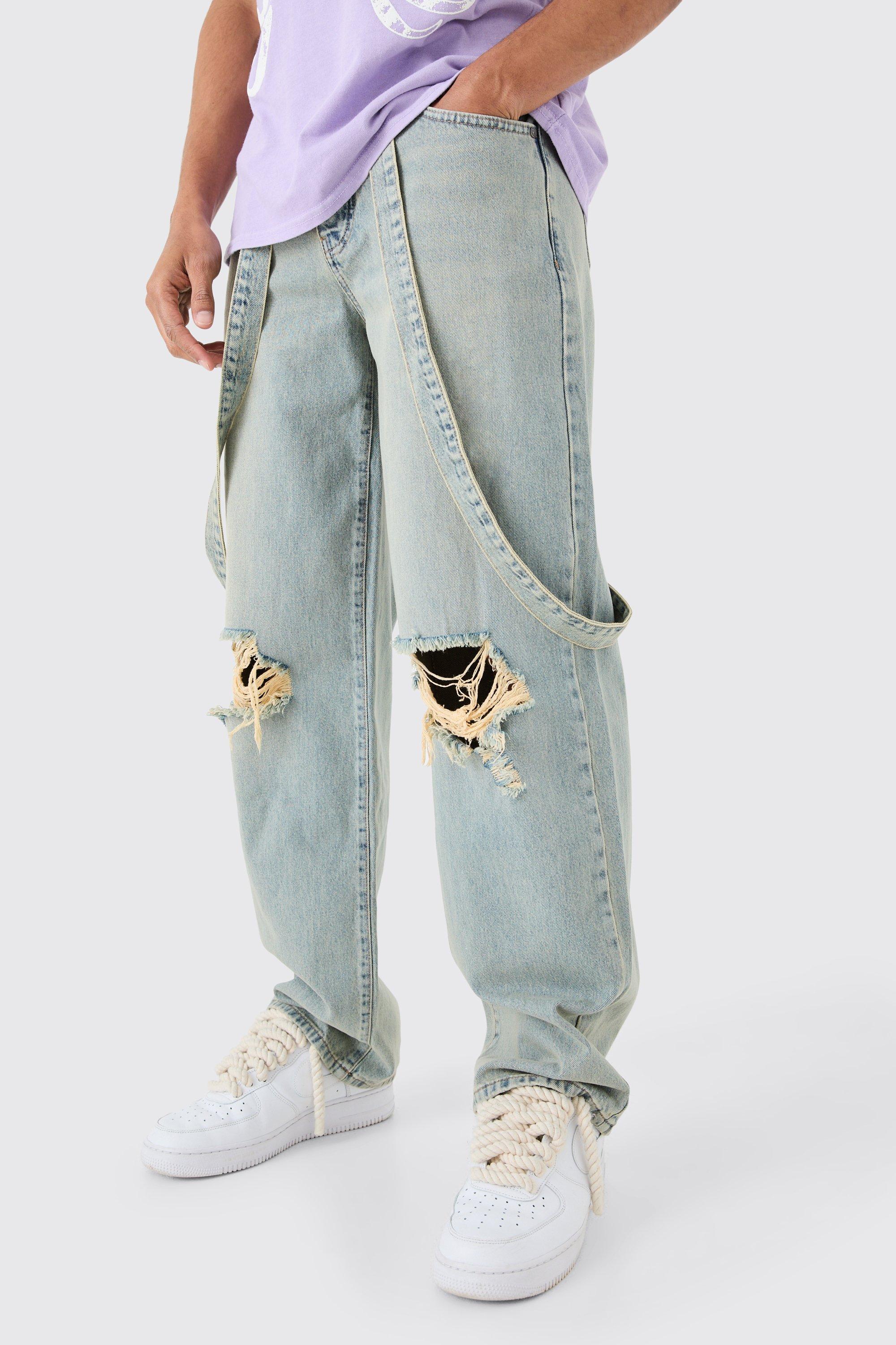 Mens Baggy Rigid Strap Detail Ripped Knee Jeans In Antique Blue, Blue